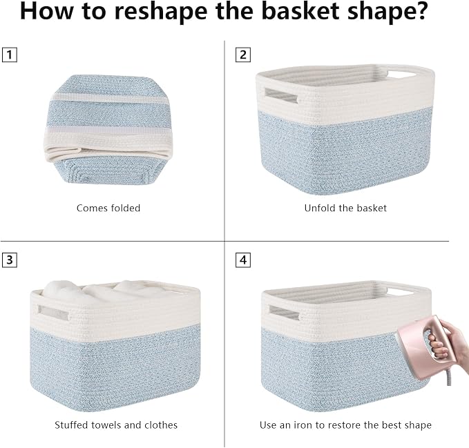 OIAHOMY 4 Pack Storage Basket, 13"x9"x7.8" Cotton Rope Baskets for Shelves, Closet Organizer for Bedroom & Living Room, Soft Decorative Bins for Organizing Towels, Books & Toys, Light Blue & White