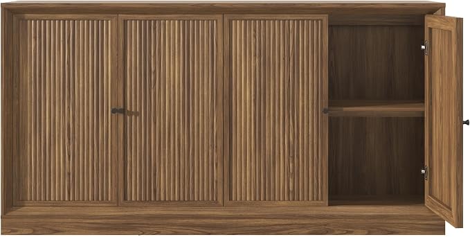 Hlivelood 63” Fluted Sideboard Buffet Cabinet with Storage, Mid Century Modern Wooden Credenza with 4 Doors & Adjustable Shelves, Beveled Edge Storage Cabinet for Kitchen, Living Room (Walnut)
