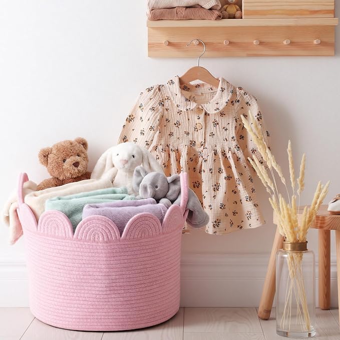 LemonRoad Pink Round Basket Large Blanket Basket 16'' x 14'' Scalloped Woven Baskets Cotton Storage Baskets for Nursery Classroom Closet Blankets Storage Home Decor