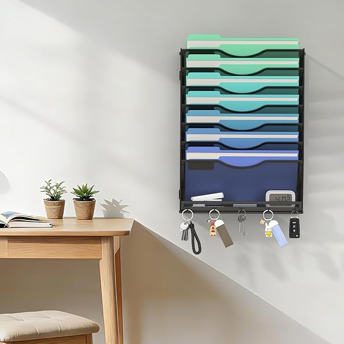 Gawerk Hanging Wall File Organizer with 5 Hooks - Wall Mounted Mail Paper Document Folder Holder, Sturdy Mesh Magazine Rack for Office Home (7+1 Tier)