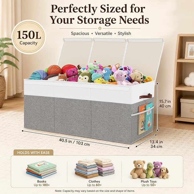 150L Extra Large Toy Storage Box with Lid for Boys Girls Nursery Playroom | Collapsible with Lid, Removable Divider, 40"x14"x16", Side Pockets, For Nursery, Living Room, Playroom