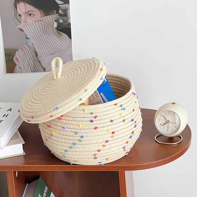 Small basket, Cute Woven Basket with Lid & Decorative Bin for Storage | small woven basket rope basket decorative basket gift basket