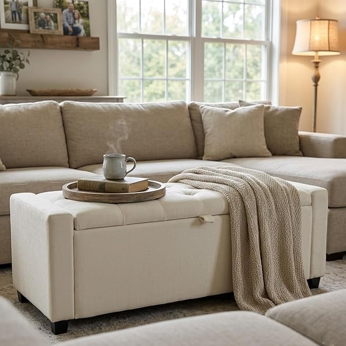 47" Beige Storage Ottoman, Entryway Bench Seat for Livingroom | Versatile design works as a coffee table or footstool; easy assembly, sturdy structure, and comfortable padded cushion.