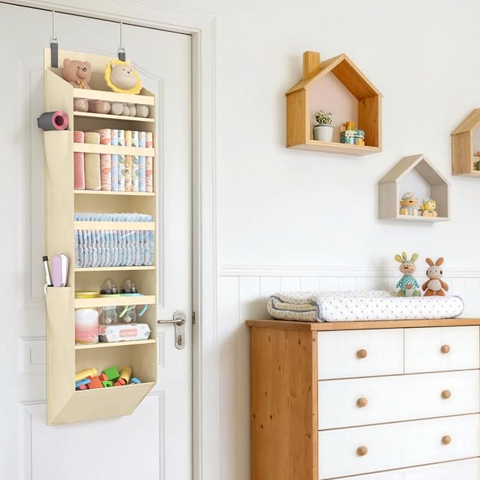 Lifewit 1 Pack Over the Door Organizer, Clear Window Hanging Storage with 4 Side Pockets, Anti Tilt 40 lbs Load Behind Door for Pantry, Nursery, Bathroom, Bedroom, Dorm, 5 Section, Beige