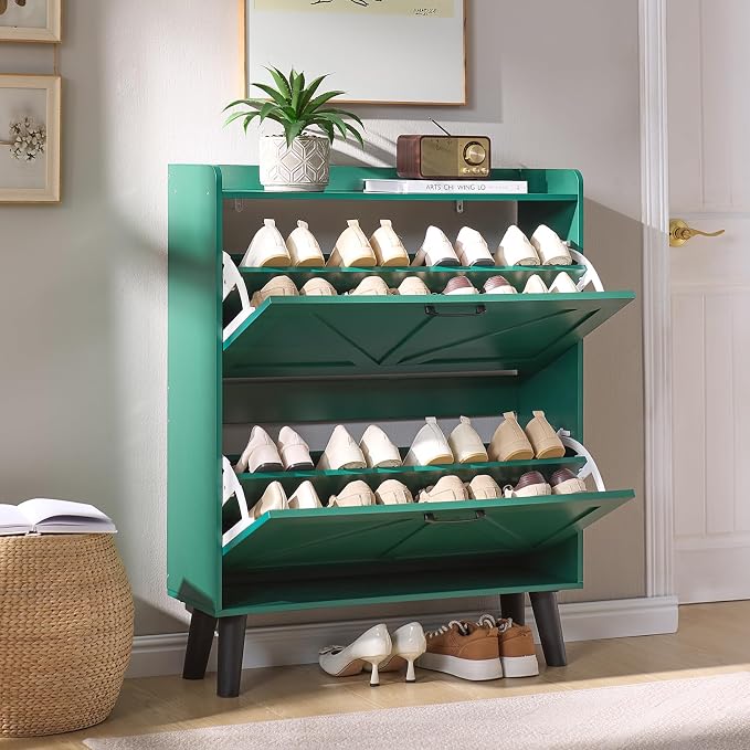 LEYAOYAO Shoe Cabinet Storage for Entryway with 2 Flip Drawers Rack Narrow Organizer Slim Hidden Wood Shoe Cabinet Furniture Green