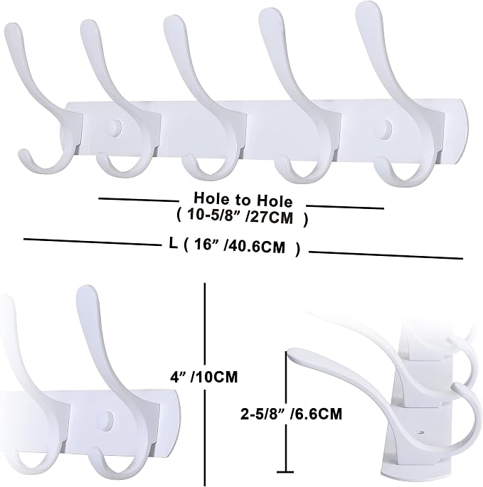 SKOLOO Coat Rack Wall Mount White- Modern, Metal Wall Coat Rack with 5 Hooks, Pack of 2, Sturdy Wall Mounted Coat Hooks for Hanging Coat, Jacket, Clothes, Hats