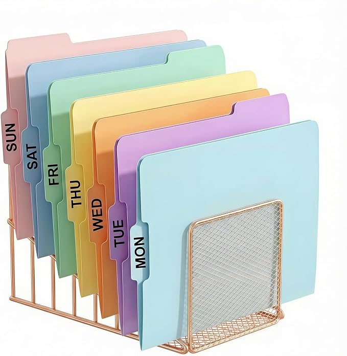 2 Pcs Incline File Sorter, 7 Slot Magazine Holder for Letter, Document, Folder and Book, Metal Desktop Organizer Rack for Home, School and Office (2-rose gold)
