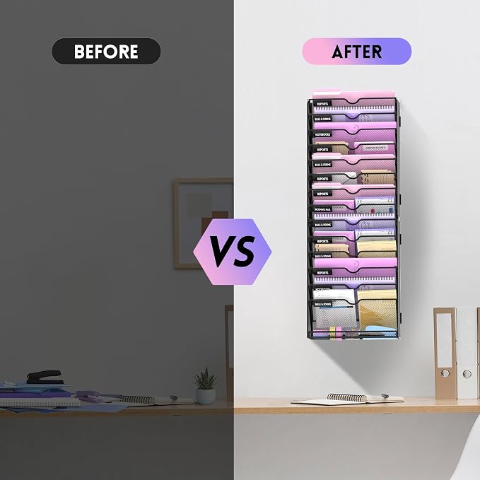 15-Tier Wall File Organizer with Base, Wall Mounted File Holder | Vertical Hanging File Organizer with Open Compartments and Label Holders for Mail, Folders and Paperwork at Home or Work