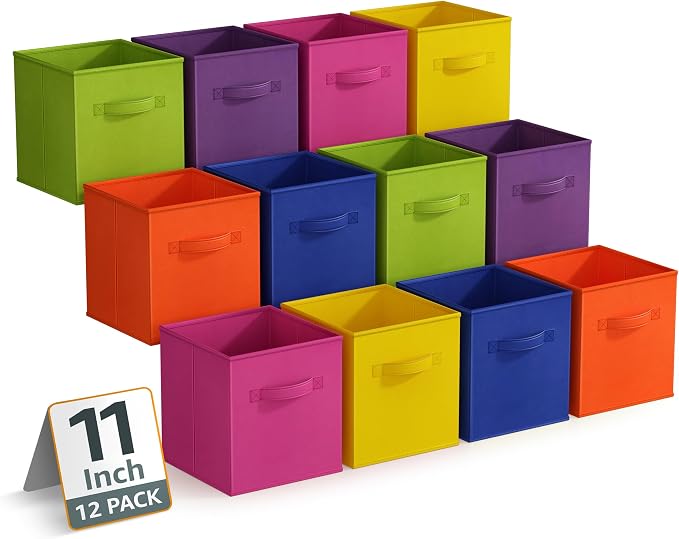 Sorbus 11 Inch Storage Bins - Sturdy Collapsible Fabric Storage Cubes with Handle - 12 Foldable Baskets for Organizing Clothes, Toys, Books - Storage Baskets for Shelves, Closets