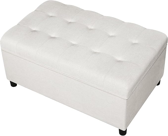 Joveco Rectangular Lift Top Storage Ottoman Bench, Linen Storage Bench for Living Room Entryway Bedroom,Linen Beige