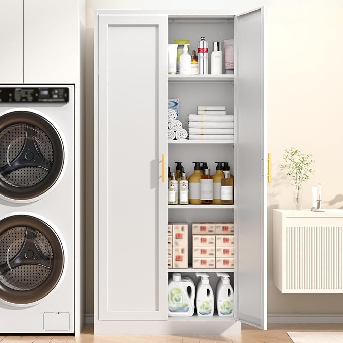 71”Tall Kitchen Pantry Cabinet, Metal Storage Cabinet with Doors and Shelves (White)