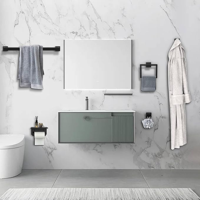 Matte Black Towel Bar Set 5-Piece Bathroom Hardware Accessories Set Includes 23.6 Inch Towel Bar,Toilet Paper Holder with Shelf,Square Towel Ring and Coat Hooks Stainless Steel Wall-Mounted