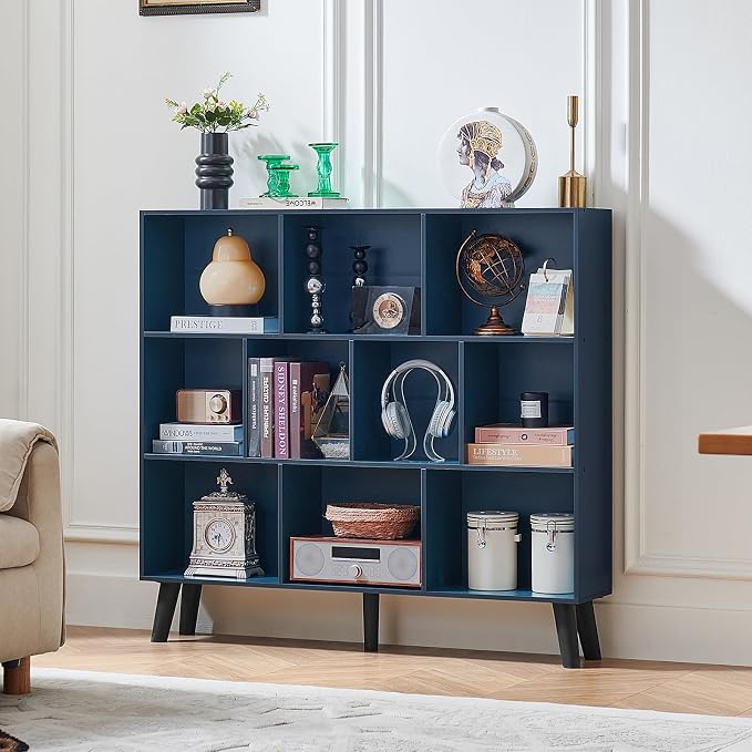 LEYAOYAO 10 Cube Bookshelf,Mid-Century Modern Bookcase with Legs,Dark Blue | 3 Tier Book Shelf,Rustic Wood Bookshelves Freestanding Large Storage Organizer, Open Shelves for Bedroom, Living Room, Office