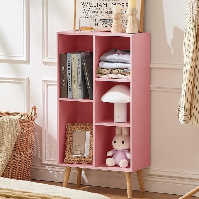 LEYAOYAO 5 Cube Bookshelf,Mid-Century Modern Bookcase with Legs,Light Pink | 3 Tier Book Shelf,Rustic Wood Bookshelves Freestanding Small Storage Organizer, Open Shelves for Bedroom, Living Room, Office