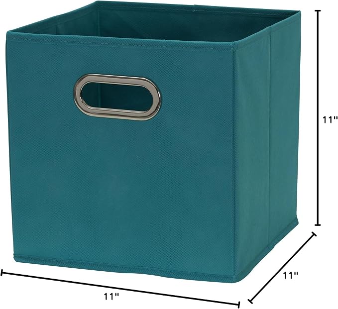 Household Essentials Fabric Storage Bins in Strong Poly‑Woven Fabric, Sturdy Chipboard Sides, Grommet Front Handle, Teal Green, Set of 6