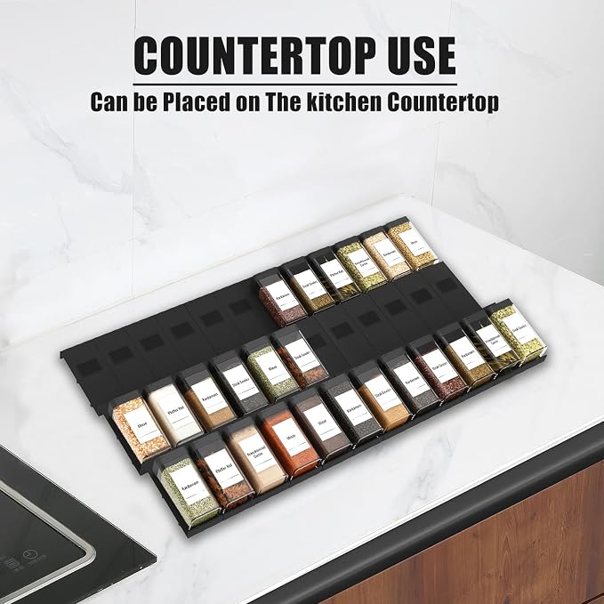 Famhap Spice Drawer Organizer Expandable 24 PCS with Plastic Jars & Labels | Interlocking Design, Fits 2"-48" Wide Drawer, Sturdy Plastic, for Kitchen Drawers Spice Jars