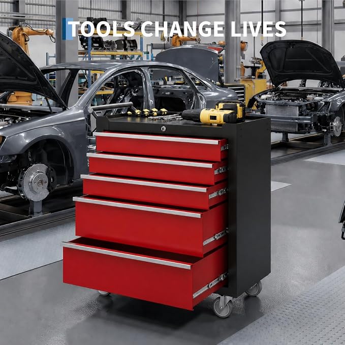 Garvee Rolling Tool Chest, 5 Drawers Tool Storage Cabinet, Toolbox with Wheels, Portable Tool Cabinet Organizer with Locking System & Drawer Liners, Tool Storage Cart for Garage, Workshop, Black&Red