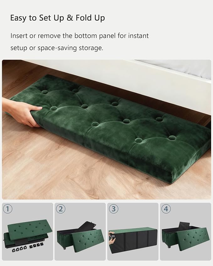LITZFUR 43 Inches Storage Ottoman Bench, Velvet Foot Rest Stool, Green | Folding Ottoman with Legs, End of Bed Bench, Storage Chest for Living Room, Bedroom