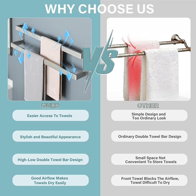 Alise Double Towel Bar, 24" Double Towel Racks for Bathroom, Brushed Nickel | Bathroom Towel Rack Wall Mounted, 3.54" Wide Faster Drying, Ladder Design, SUS304 Stainless Steel