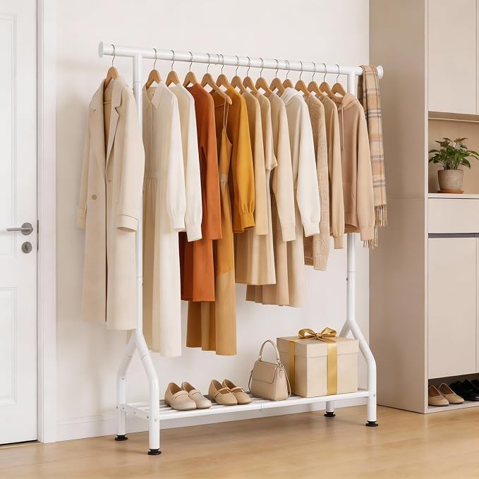 EAGMAK Sturdy Clothing Racks with Shelf, Metal Clothes Rack with Leveling Feet for Hanging Clothes, Freestanding Garment Coat Rack for Bedroom, Apartment & Small Spaces, White