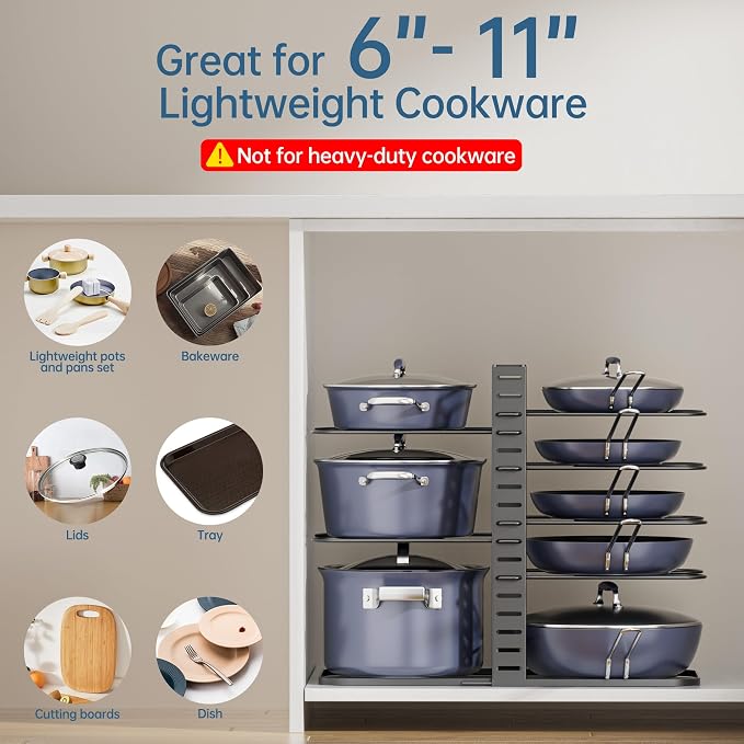 Pots and Pans Organizer Under Cabinet 14.6", 8-Tier Adjustable Rack | 3 DIY Modes, Tool-Free Assembly, Fits 6–11" Lightweight Cookware, For Kitchen Cabinets, Shelves & Countertops Pot Organizer