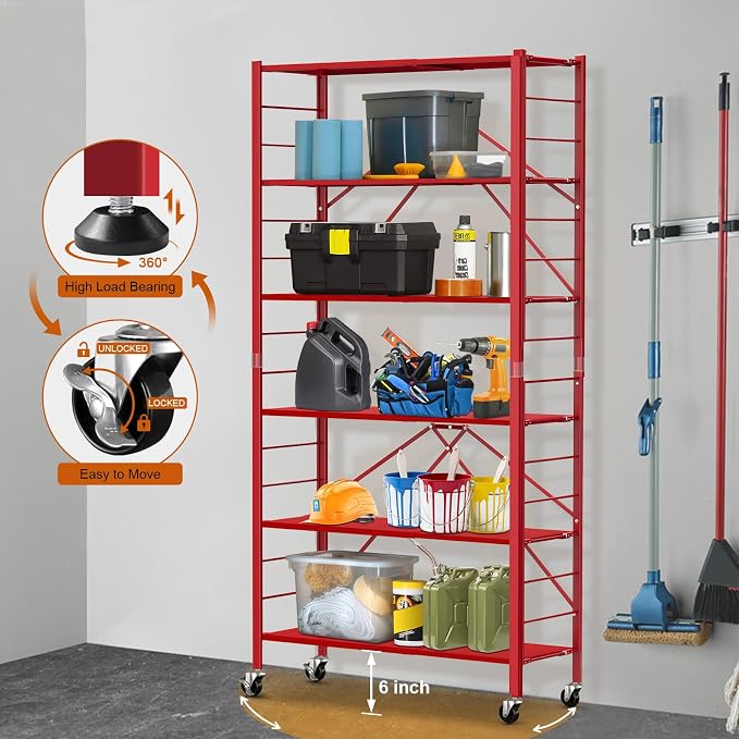 Himix 6-Tier Expandable Storage Shelves Wheels Foldable Shelf Garage Red | Folding shelving units, Metal collapsible organization, Changeable into 2 shelf units, Adjustable, Basement, Holds 3600 Ibs