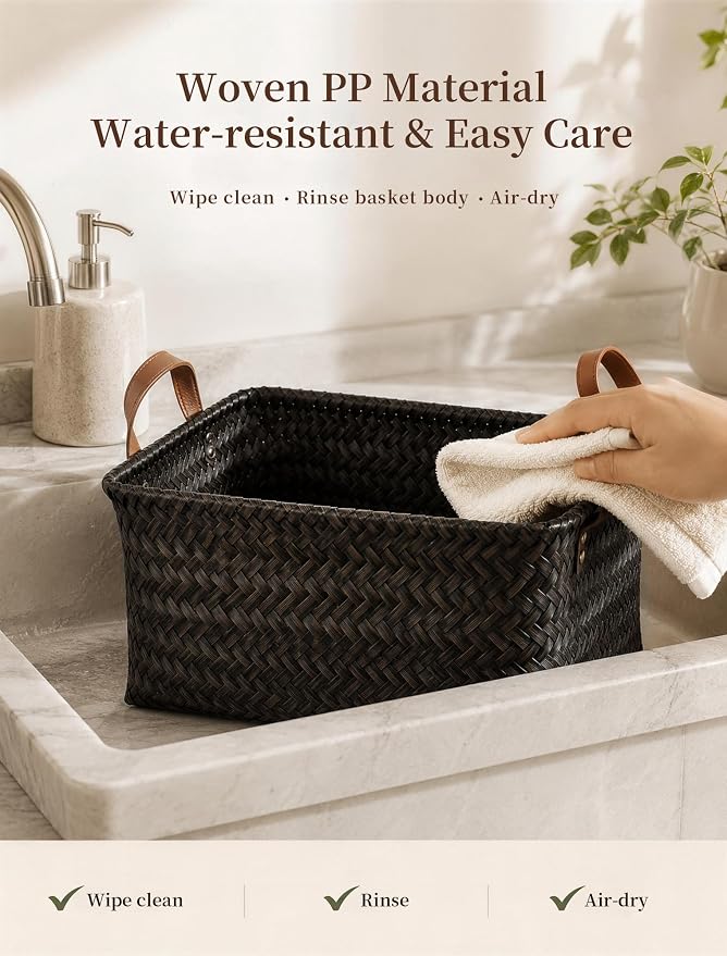 Wicker Storage Baskets, 4 Pack Woven Baskets for Shelves, Dark Gold | PP Rattan, Water-resistant Wicker Basket, Large Baskets with Faux Leather Handles for Blanket, Laundry Organizer, Room Decor