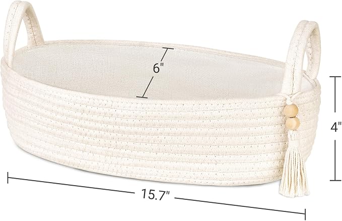 Mkono Toilet Paper Basket, Boho Bathroom Decor, Small Storage Organizer | White, 15.7"L x 6"W, Back of Toilet Basket, Decorative Woven Tray with Handles, Space-Saving, Living Room Bedroom, 1 Pack