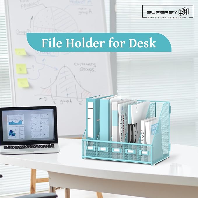 SUPEASY Desk Organizers Metal Desk Magazine File Holder with 5 Vertical Compartments Rack File Organizer for Office Desktop, Classroom, Home Workspace, Blue Plus