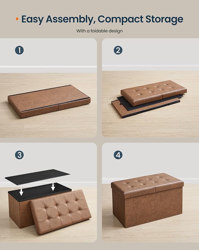 SONGMICS Home Foldable Foot Rest Stool, Storage Ottoman, Tufted Design, PU Leather, Easy Assembly and Cleaning, for Entryway, Living Room, Bedroom, 30.2 Inches, Brown