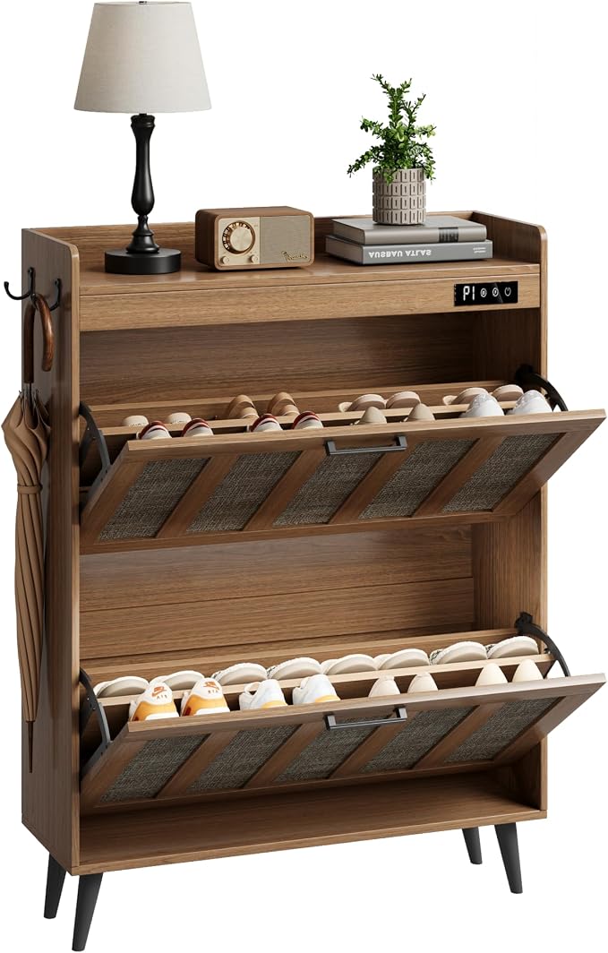 ChooChoo Shoe Storage Cabinet with 2 Flip Drawers and Deodorizer | Shoe Organizer Storage for Entryway, Freestanding Hidden Slim Narrow Shoe Rack Cabinet, Rustic Oak