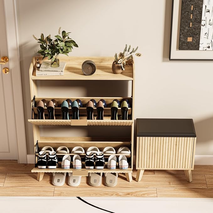 Fluted Shoe Cabinet Storage with Bench, Wood Narrow Hidden Shoe Cabinet with 2 Flip Drawers Wood Legs Adjustable Shelf for Entryway, L-Shaped Shoe Rack Organizer for Foyer Hallway Living Room