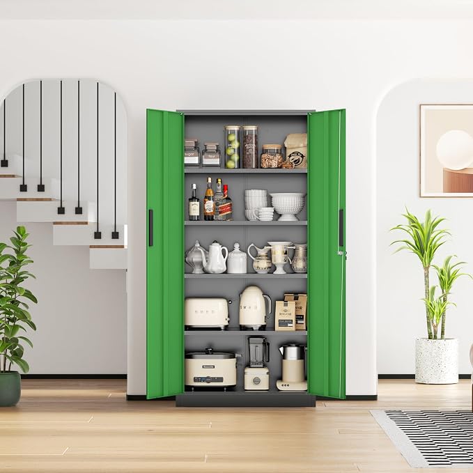 INTERGREAT Metal Storage Cabinet, 72" Locking Steel Cabinets with 2 Door and 4 Adjustable Shelves, Tall Metal Cabinet for Home Office, Garage, Warehouse,(Black+Green)