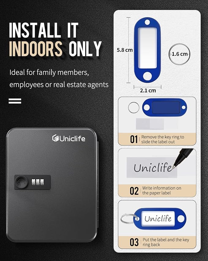Uniclife 20-Key Steel Key Cabinet, Black Key Box with Combination Lock | Resettable Digital Security Storage Box, Wall-Mounted Key Organizer with Colorful Key Tag Labels for Schools and Companies