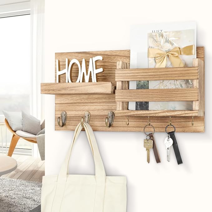 Lwenki Mail Organizer for Wall Mount – Key Holder with Shelf Includes Letter Holder and Hooks for Coats, Dog Leashes – Rustic Wood with Flush Mounting Hardware (16.5” x 8.7” x 3.5”) (Wood)