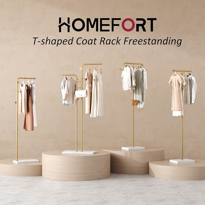 HOMEFORT Coat Rack, Freestanding Metal Coat Racks, T-Shape Clothes Hat Stand with 2 Hooks for Closet, Bedroom, Entryway, Living Room, Gold