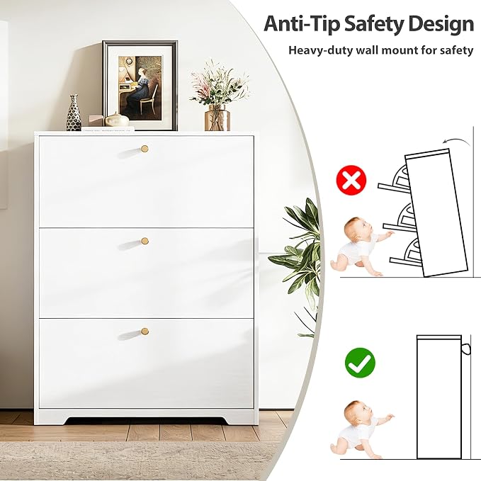 Nicetree Shoe Cabinet with 3 Flip Drawers, Modern Entryway Organizer, White | Narrow Shoe Organizer, Freestanding Shoe Rack Cabinet, Modern Shoe Storage Cabinet for Entryway, Hallway, Foyer, With Hook