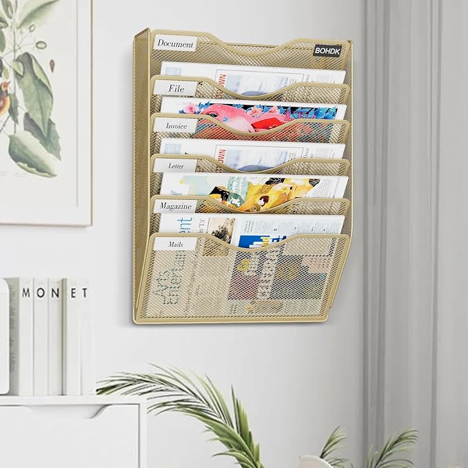 BOHDK Wall File Organizer, Hanging File Folder Mail Organizer, Vertical Mesh Metal Door/Wall Mount Hanging File Holder, Paper Document Magazine Rack with Hooks for Home Office (6 Tier Gold)