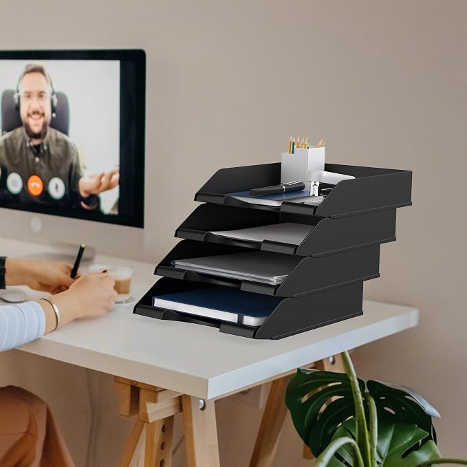 4 Pack Stackable Paper Trays for Letter Documents, Desktop File Organizers for Office Supplies, Stackable Desk Tray Holder for Paper Storage, Black