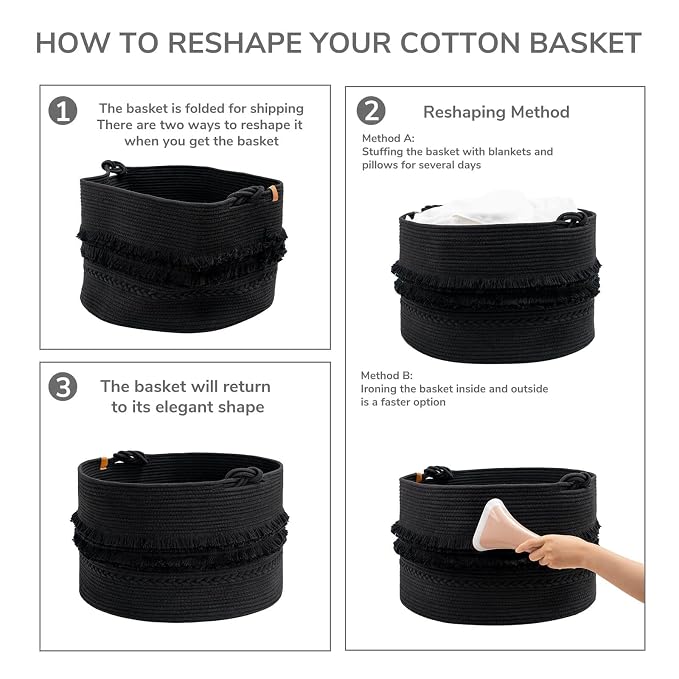 CherryNow 90L Large Woven Rope Blanket Basket with Tassel, 22" x 14", Black | Boho Basket for Toys, Clothes & Pillows Storage, Fits Bedroom Living Room Home Décor, Laundry Hamper with Knotted Handles