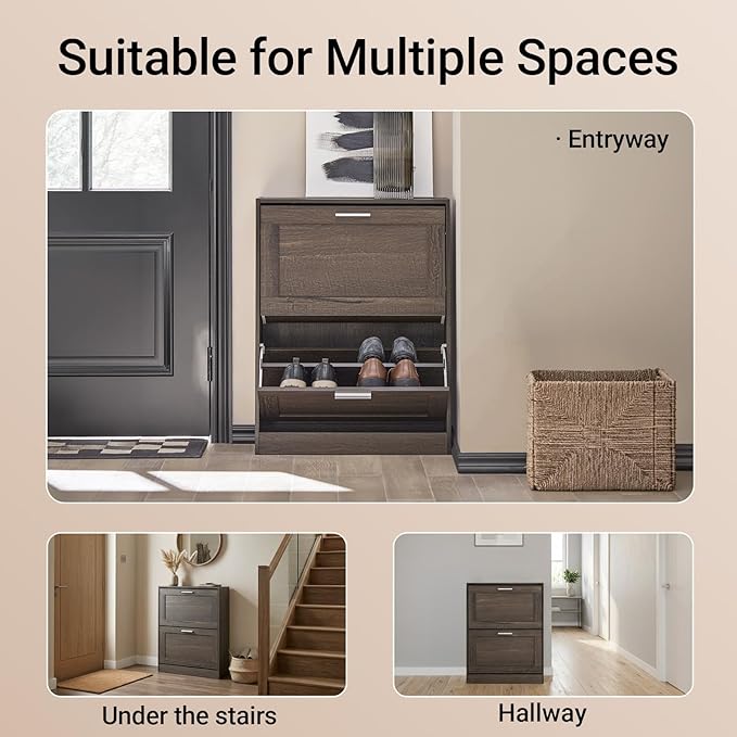 Haotian Shoe Cabinet Storage for Entryway | Narrow Shoe Cabinet with Two Flip Drawers to Save Space, Shoe Rack Cabinet for Front Door Entrance Hallway (Brown)