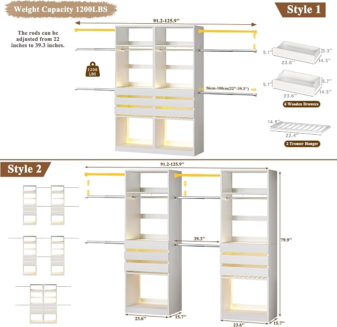 Closet System, 5.7-10.4FT Closet Organizer System with 6 Wood Drawers & LED Glasstop, Wood Walk-in Closet with 10 Hanging Rods & Trouser Rack, Built-in Wardrobe Garment Rack with Shelves & Tower,White