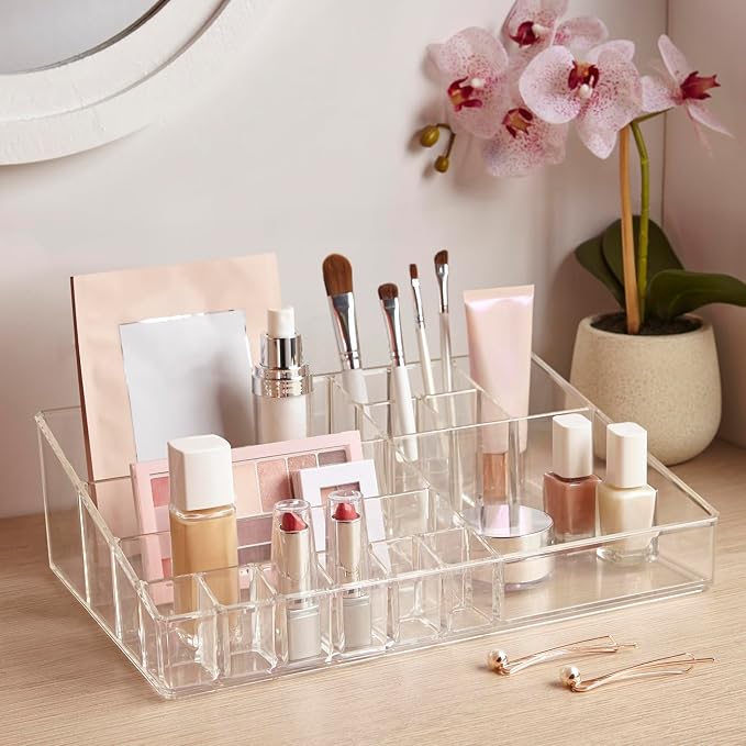 STORi Audrey Clear Vanity Makeup Organizer | 15-Compartment Holder for Brushes, Eyeshadow Palettes, & Beauty Supplies | Stacks on Audrey Storage Drawers | Made in USA