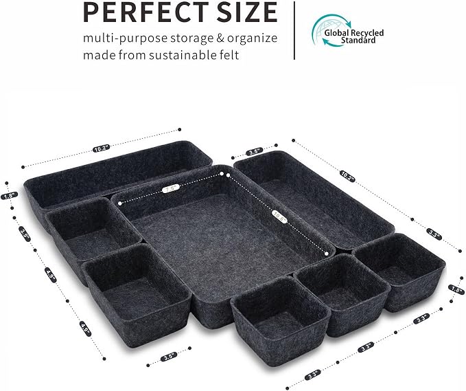 Minimalist Felt Desk Drawer Organizer 8-Piece Charcoal Storage Bins