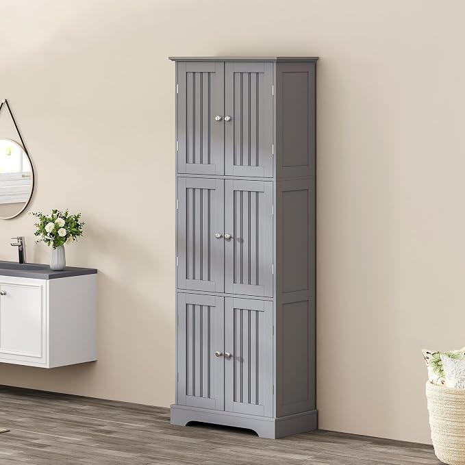 ChooChoo 63.2" Tall Bathroom Storage Cabinet with 6 Doors | Freestanding Floor Cabinet, Adjustable Shelves, Pantry Cabinet for Bathroom, Kitchen, Laundry Room, Grey