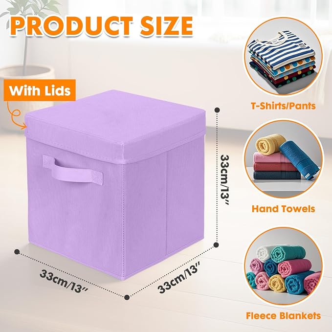 ShellKingdom Storage Bins, Foldable Fabric Storage Cube with Lid for Closet | Clothes Storage Organizer Drawer For Closet Toys Storage, 13 X 13 X 13 INCH, 2 Pack (Lavender)