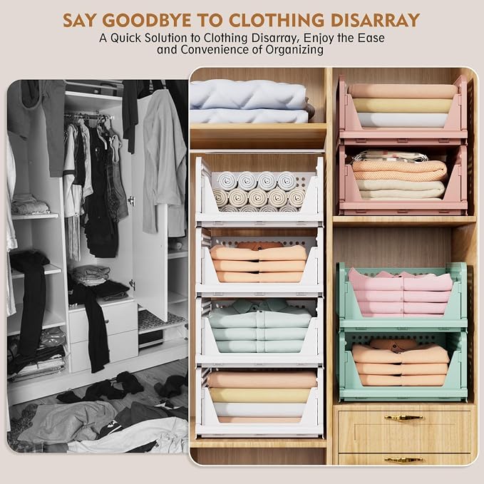 SNSLXH 5 Pack Stackable Closet Storage Basket, Multifunctional & Foldable Closet Organizer for Bathroom Kitchen Laundry Room Wardrobe Storage, Space-Saving Clothes Storage Drawer Organizer, White | 5 Pack Foldable Closet Storage Bins for Bathroom Laund...