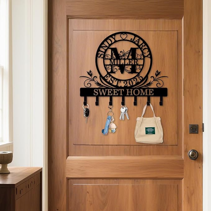 Personalized Monogram Key Holder for Wall, Custom Family Name Hooks | Monogram name design with rust-resistant metal, free hardware, ideal for new home, wedding, couples and housewarming