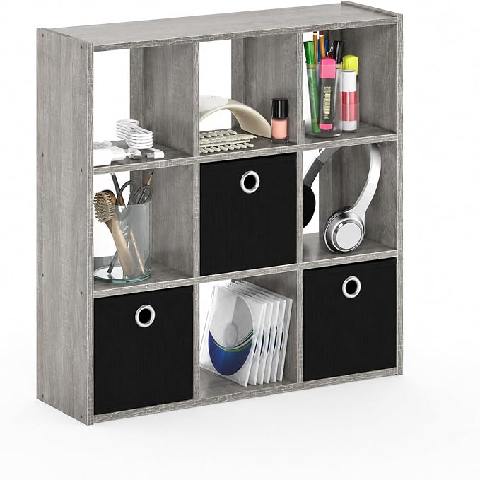 9-Cube Bookshelf with Storage Bins, Cube Storage Organizer Bookcase, Open Storage Book Shelf, 7.9 x 26.5 x 26.7, for Living Room, Home Office, Bedroom, French Oak Grey