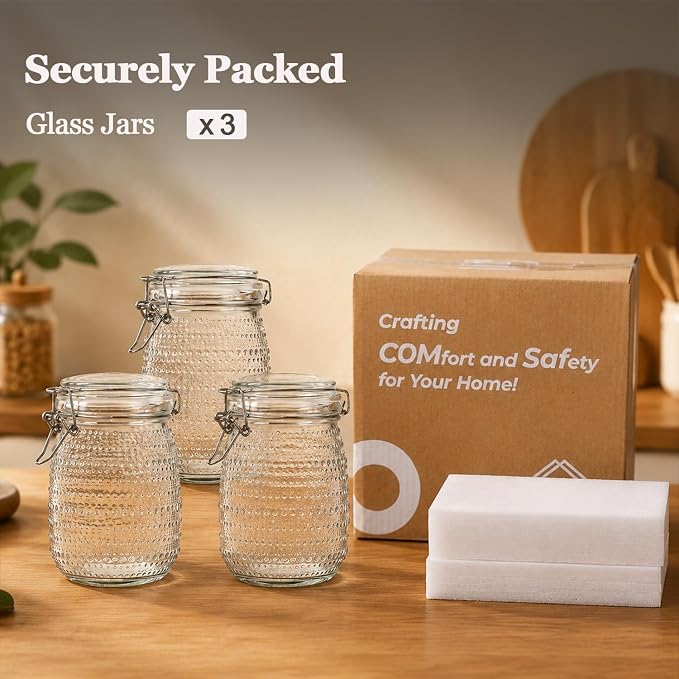 ComSaf Round Glass Jars with Airtight Lids 34 oz 3 Pack Wide Mouth Hobnail | Sugar snacks, Coffee bar Decor, Tea station, Kitchen counter display, Clear body, Kitchen storage, Pantry organization